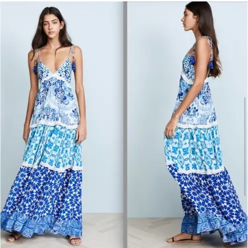 Rococo Sand Oriental Labyrinth Printed Sleeveless Tassel Lace Tiered Maxi Dress Blue Size XS
