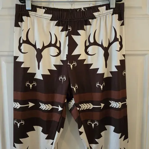 Southwestern Deer Antler Print Leggings XL Brown Cream Stretch Soft Silky NWOT