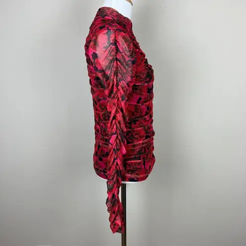 Bagatelle Blouse Top Womens M Floral Ruched Red Rose Mesh High Neck LS Lined New