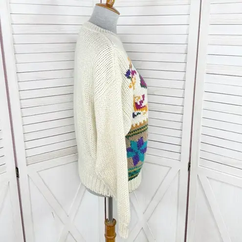 Vintage Rafferty 80s 90s Floral Chunky Knit Sweater Ivory Large Crewneck Tan