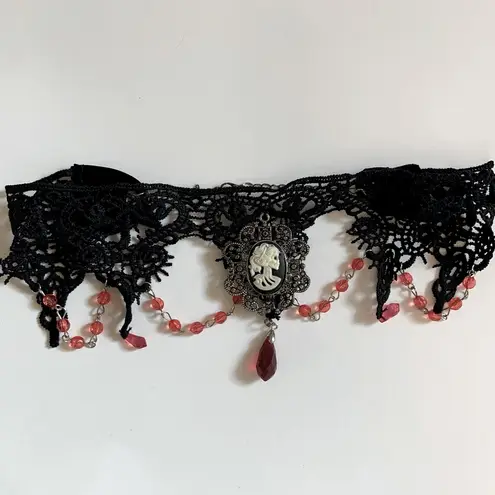 Black Lace Choker Necklace With Skeleton Cameo Pendant NEW