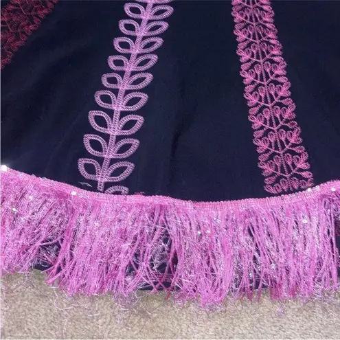 Sunny Leigh Vtg Y2K Black & Pink Embroidered Super Soft Fringe Hem Skirt sz 16