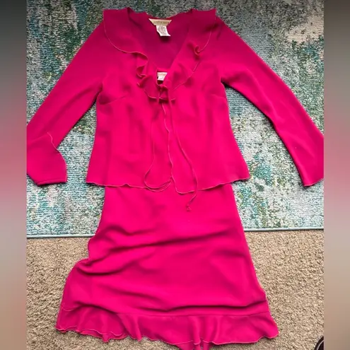 Vintage Jonathan Martin two piece pink dress with ruffle sheer cardigan, size 9