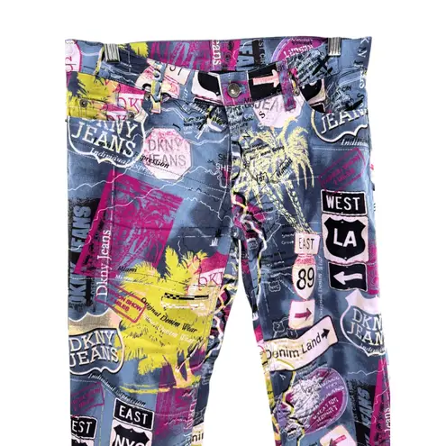 DKNY Jeans Y2K Map Print Pants Women 7 Low Rise Cropped Flare 2000s Streetwear Blue Size undefined