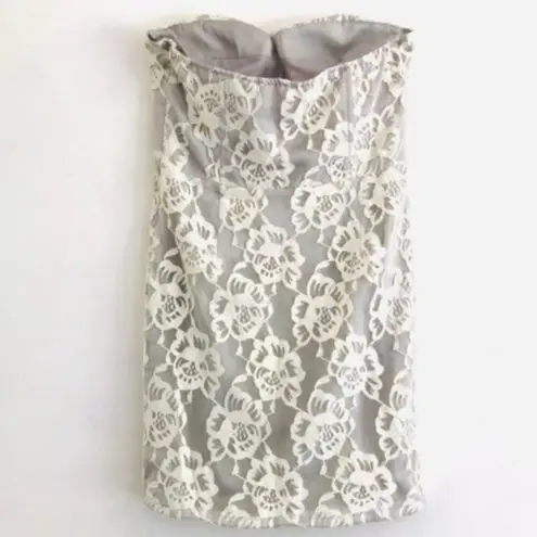 Minuet Dress M Strapless Lace Overlay Gray Floral