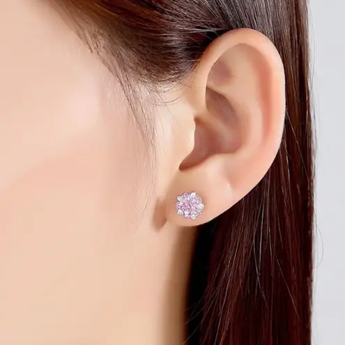 925 Sterling Silver Post Pink Crystal Flower Stud Earrings