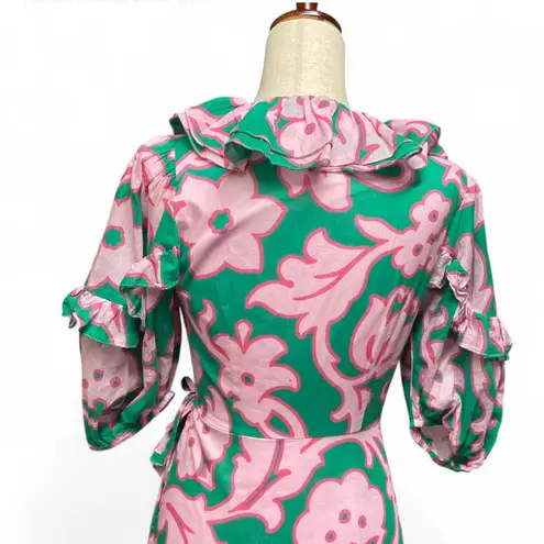 Rhode Womens Lydia Take It Easy Pink Green Floral Print Midi Wrap Dress Size XS