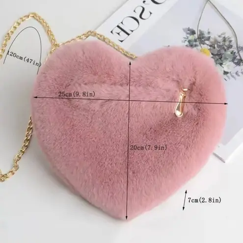 Heart Design Chain Fluffy Shoulder Bag, Crossbody Bag, Cute Zipper Purse Pink