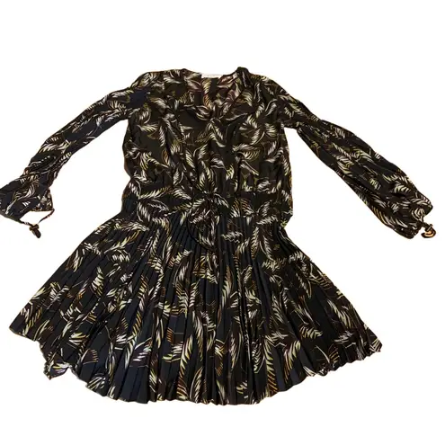 ALC Frank A.L.C. SILK “RORY” PALM LEAF PRINT BLACK & BROWN PLEATED SPLIT SLEEVE DRESS (2)