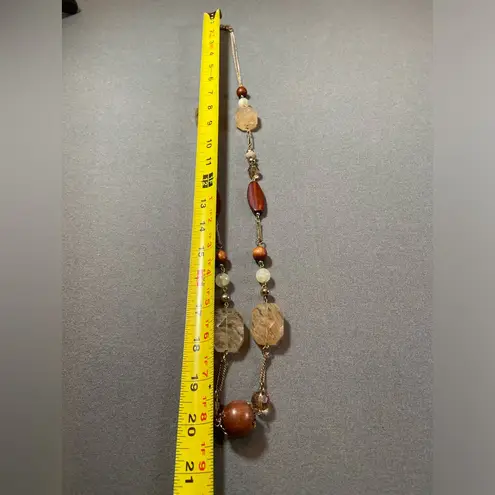 Mixed Media Necklace wood, stone, pearl 20” Long Brown