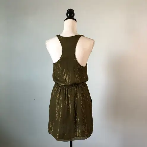 Greylin | Silk Olive Green Metallic Ruffle Dress Sz S