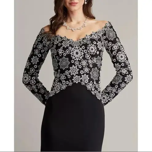 Tadashi Shoji Black Ivory Embroidered Off the Shoulder Gown Sz 10