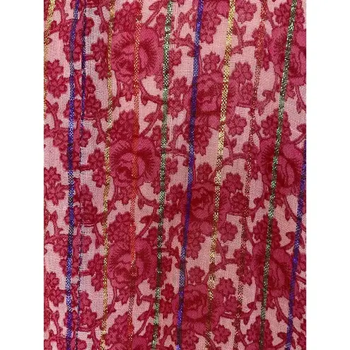 Vintage Metallic Sheer Chiffon Pink Floral Boho Button Up Maxi Kaftan Dress OS Size undefined