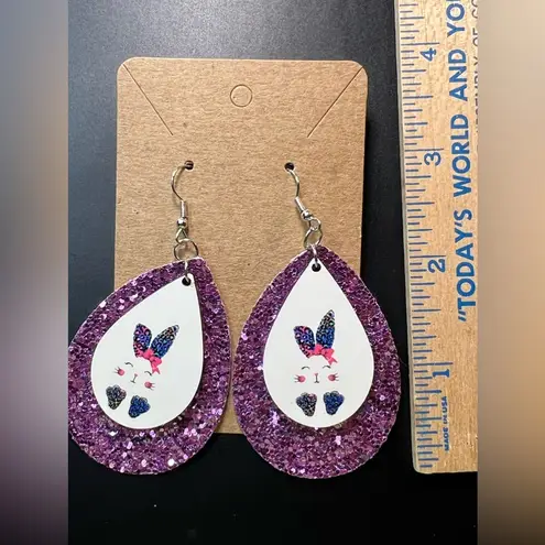 Easter Bunny Leopard Print Purple Glitter Teardrop Earrings New