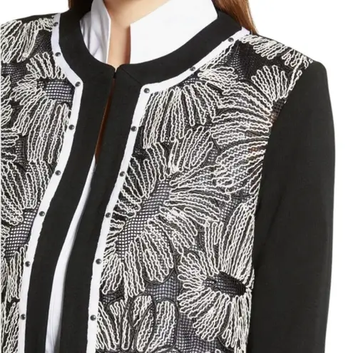 Ming Wang Floral Embroidered Knit Jacket Black and White Size L