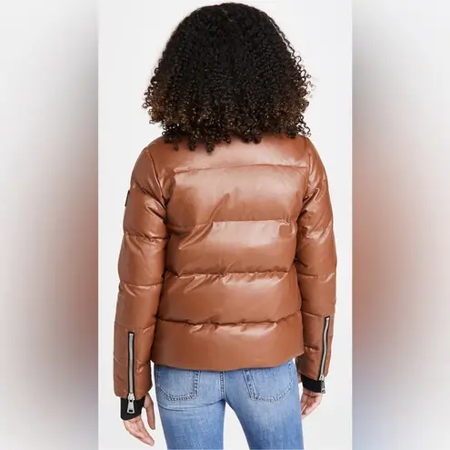 SAM. Isabel Vegan Down Puffer Jacket Faux Leather Stowaway Hood Saddle Brown S