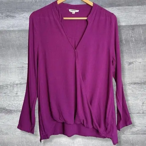 ee:some  Crossover Surplice Drapey Blouse Womens S Magenta V-Neck Long Sleeve