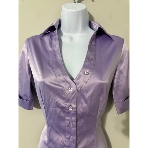 Camaieu Women's Lilac Satin Button Down Short Sleeve Shirt Blouse Size XS Purple