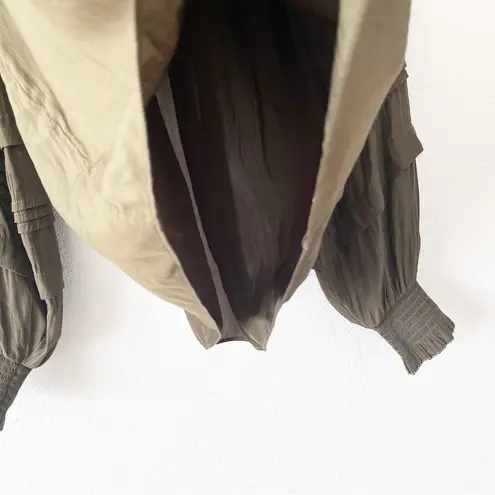 Ramy Brook Merry Ruffle Smocked Split Tie Neck Blouse Top in Olive Green