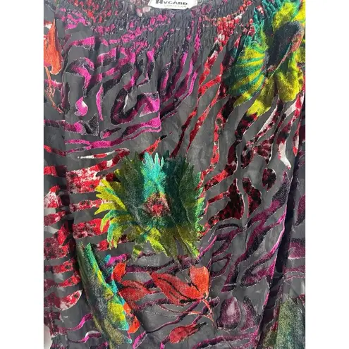 NYgard Sheer Velvet Burnout On/Off Shoulder Bishop Sleeve Tropical Floral Top XL Purple
