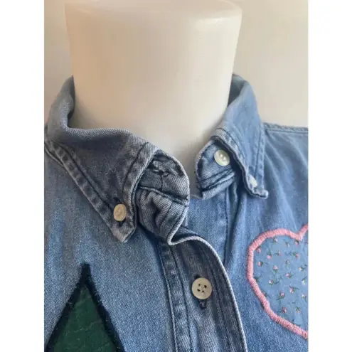 Faded Glory Vintage 90’s Denim Shirt‎ Long sleeve Handmade Patchwork Embroidered 0200