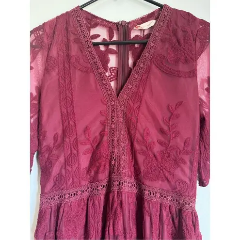 Art Ephect Womens Embroider Crochet Floral Sheer Maxi Dress sz S Whimsigoth Boho Red