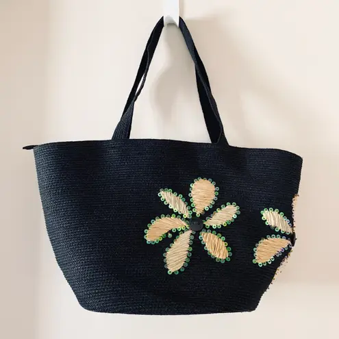 Coldwater Creek Black Sequin Floral Straw Woven Tote Bag