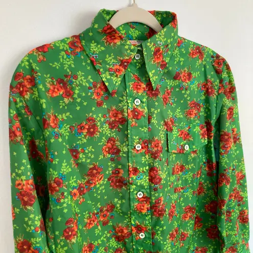 Vintage SKYR Womens L FLAW Green Orange Floral Disco Button Down Shirt Retro Size L