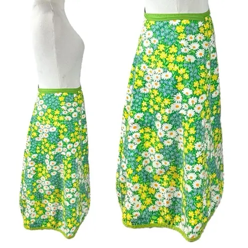 Vintage 70s Handmade Groovy Floral Reversible Wrap Skirt XS Small Flower Child Green