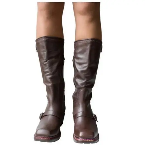 Pollini Brown Leather Motorcycle Boots Square Toe Buckle Side Zip EU38 US 7.5