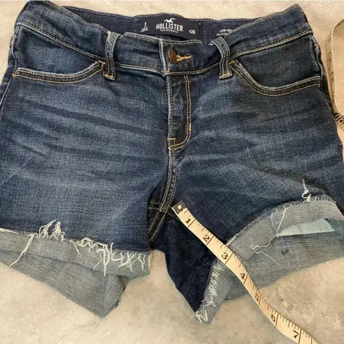 Hollister  Low Rise Dark Wash Stretch Denim Shorts Rolled Raw Hem Cuff  Size 3