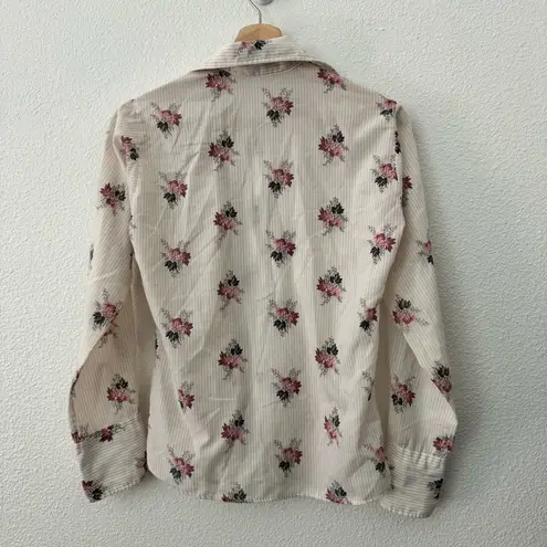 Vintage 70s Floral Button Up Shirt Long Sleeve Collar Cotton Size Small White