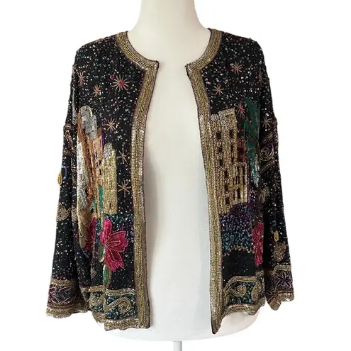 Vintage 80s Glam Sequin Arabian Night Scene Black Beaded Jacket Size S Holiday