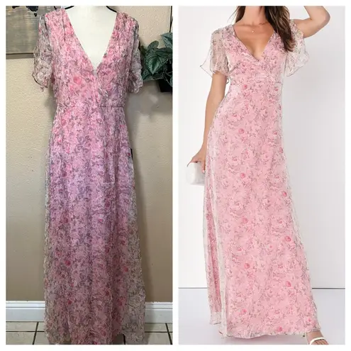 Dreamiest Desires Pink Floral Flutter Sleeve Maxi Dress Size XL
