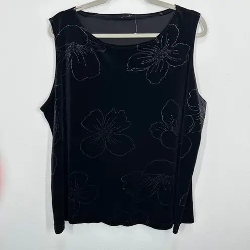 Vintage 90s Y2K Women's Size XL Black Velvet Floral Tank Top Sparkle Glitter