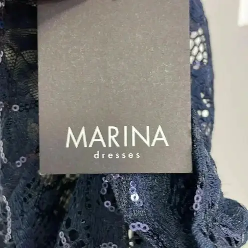 MARINA Navy Blue Open Back Lace Sequined Dress Womens Size 12 NWT