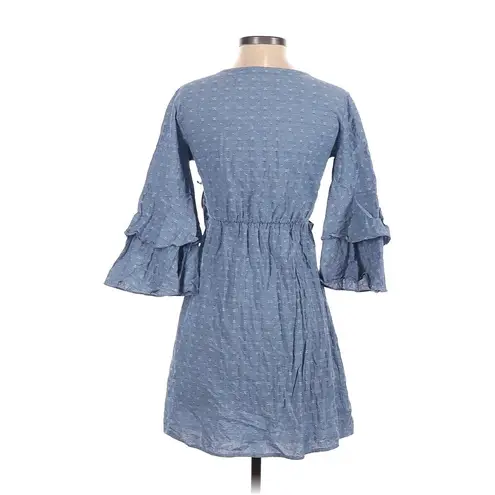 Farrow Womens Small Casual Denim Dress Cottagecore Plunge Short Bell Sleeve Bows Pink - Image 2
