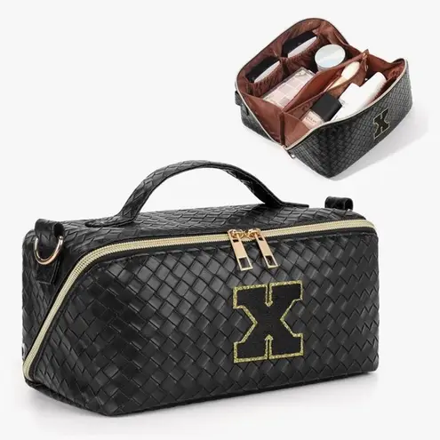 New!Black Woven Travel Toiletry Bag with Gold X Guitar Crossbody Strap Black