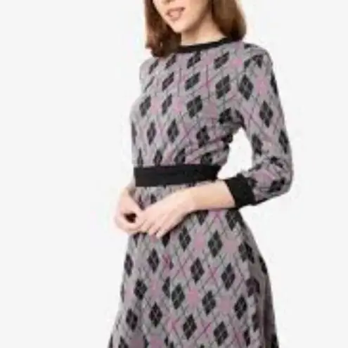 Unique Vintage Adorable Purple & Pink Argyle Sweater Dress women plus size 1X
