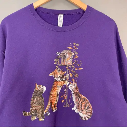 Vintage Sweatshirt Kittens Birdhouse Size Large Purple Women Quirky Playful Twee