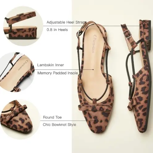 Caparros NWT C.Paravano Leopard Slingback Flats Bowknot Memory Foam Insole 38.5