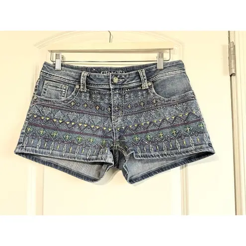 GRACE Dark Wash Embroidered Embellished Denim Jean Shorts Women's SZ 30 Boho Blue