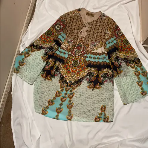 Karen Zambos Tie Up Front Long Sleeve Dress with Beige Underlay Size Large Blue