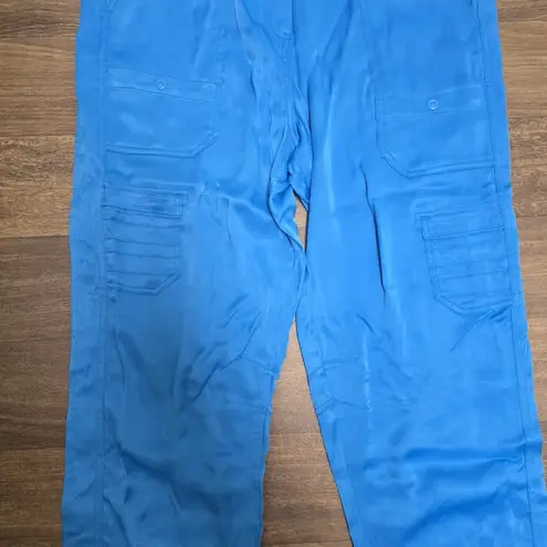 Maeve Anthropologie Womens Blue Satin High Waist Cargo Utility Pants 16 Tall