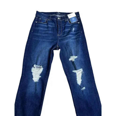 Soho NYC Jeans High Waist Crop Straight Size 6 Dark Blue Distressed Stretch NWT