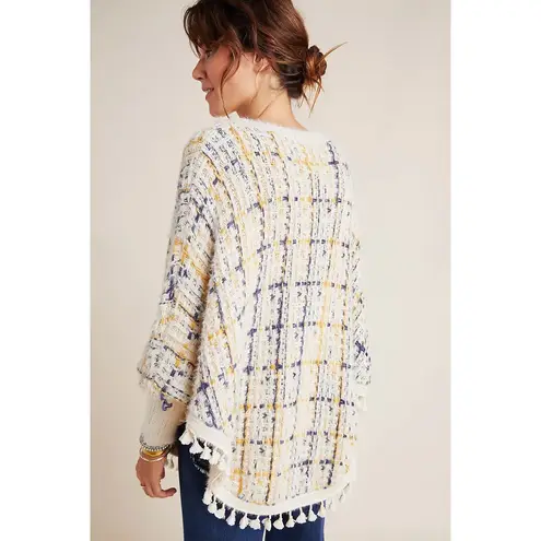 Anthropologie RAGA  Dulce Plaid Pommed Knit Poncho Sweater Ivory Small