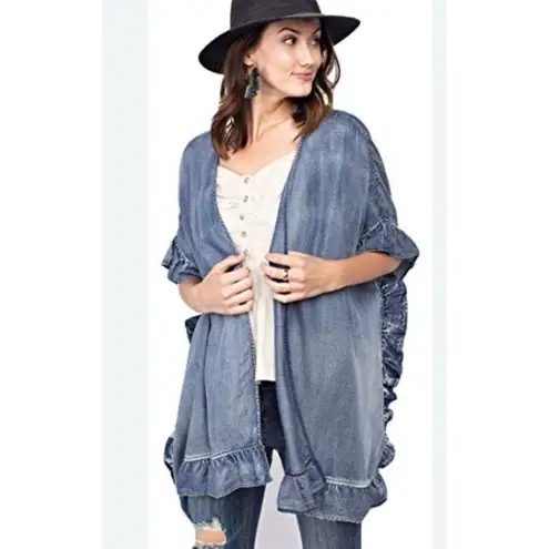 Canvas Washed Denim Ruffle Open Cardigan Size L boho western Blue Size L