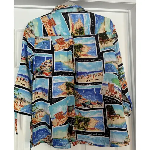 John Mark Wire Collar Sz Small Blouse Lagenlook Travel Print Postcards Vacation