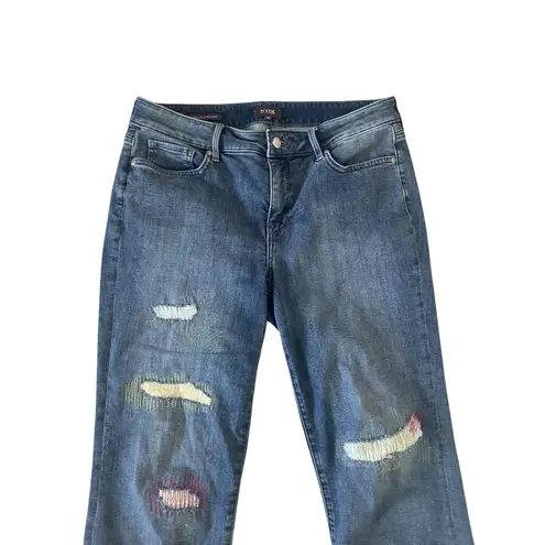 NYDJ Marilyn Straight Lift Tuck Embroidered Multicolored Distressed Jeans Sz 10