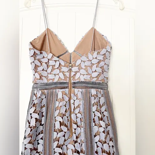 Self Portrait Arabella Lace V Neck Midi Dress Smoked Lilac & Nude Tan Size 4